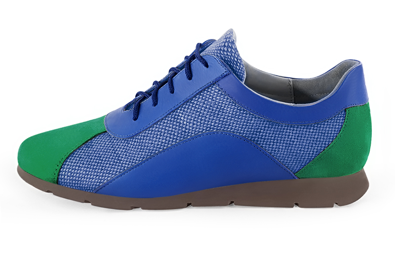 Emerald green and electric blue women's two-tone elegant sneakers. Round toe. Flat rubber soles. Profile view - Florence KOOIJMAN
